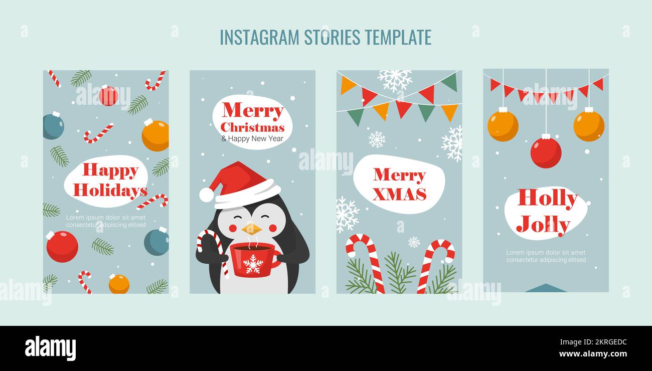 set di modelli natalizi per il pinguino instagram stories con una tazza di cioccolata calda decorazioni natalizie Illustrazione Vettoriale