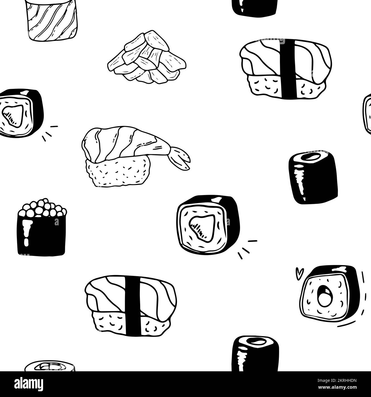Icone isolate sushi con motivo senza giunture, illustrazione vettoriale. Carta di imballaggio per i pacchetti di consegna di cibo da ristorante giapponese. Tradizionale asiatico Illustrazione Vettoriale