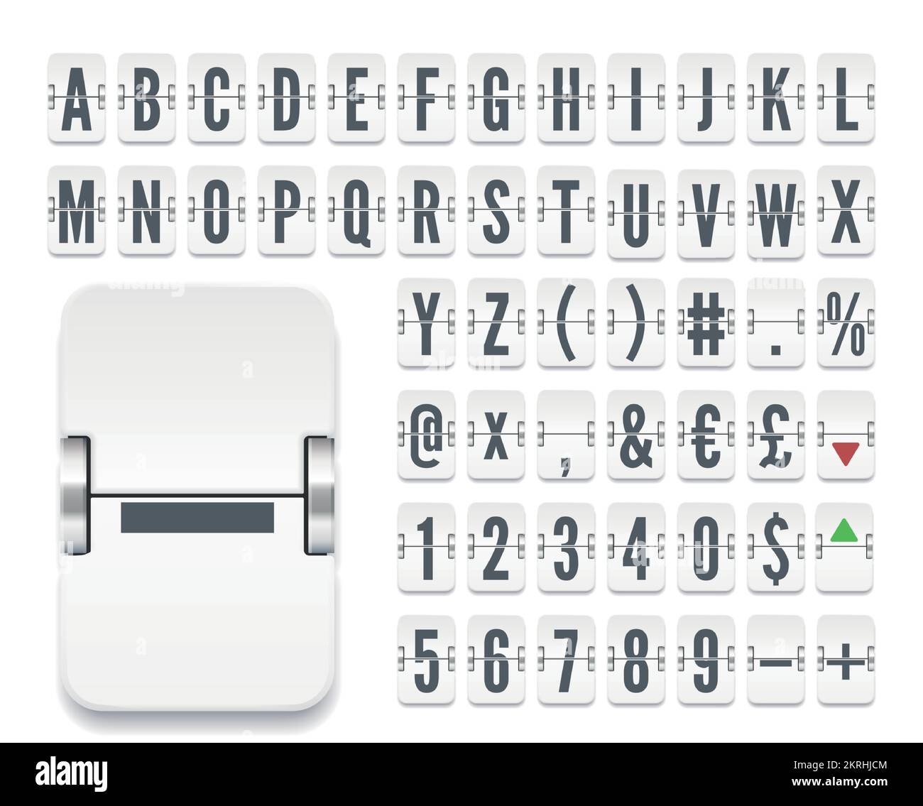 Alfabeto bianco retro della lavagna a fogli mobili per visualizzare i tassi di cambio delle azioni o i dati di partenza. Font del tabellone di valutazione meccanico del terminale aeroportuale stretto per la destinazione del volo o le informazioni finanziarie. Illustrazione vettoriale Illustrazione Vettoriale