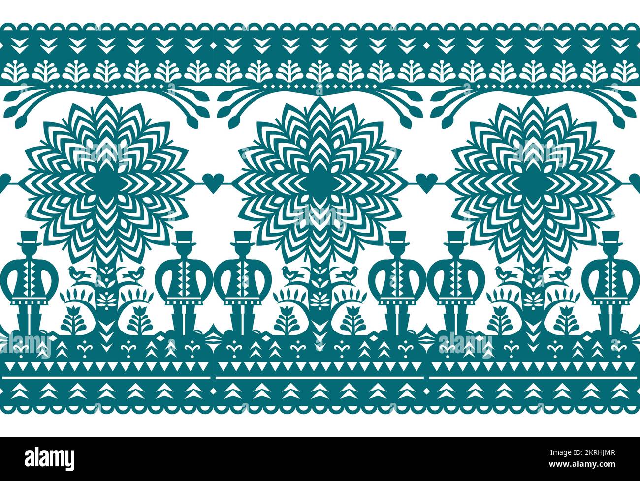 Polish folk art vettore lungo orizzontale senza cuciture modello Wycinanki Kurpiowskie con gli uomini in cappelli, albero e uccelli - Kurpie carta tagli disegno Illustrazione Vettoriale