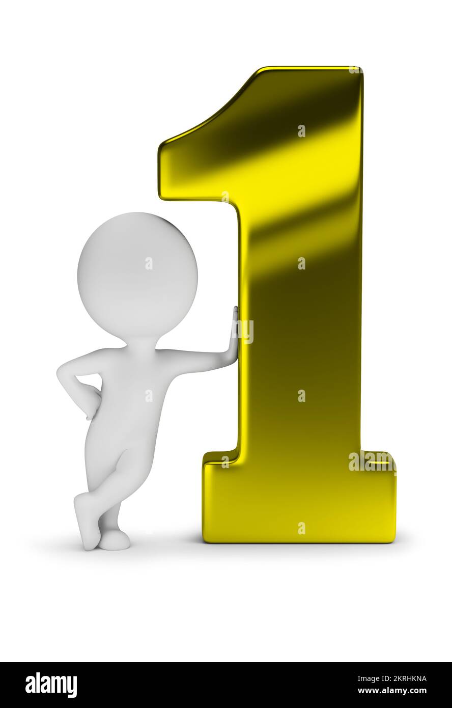 3d piccola persona si appoggia su un grande numero uno d'oro. immagine 3d. Sfondo bianco. Foto Stock