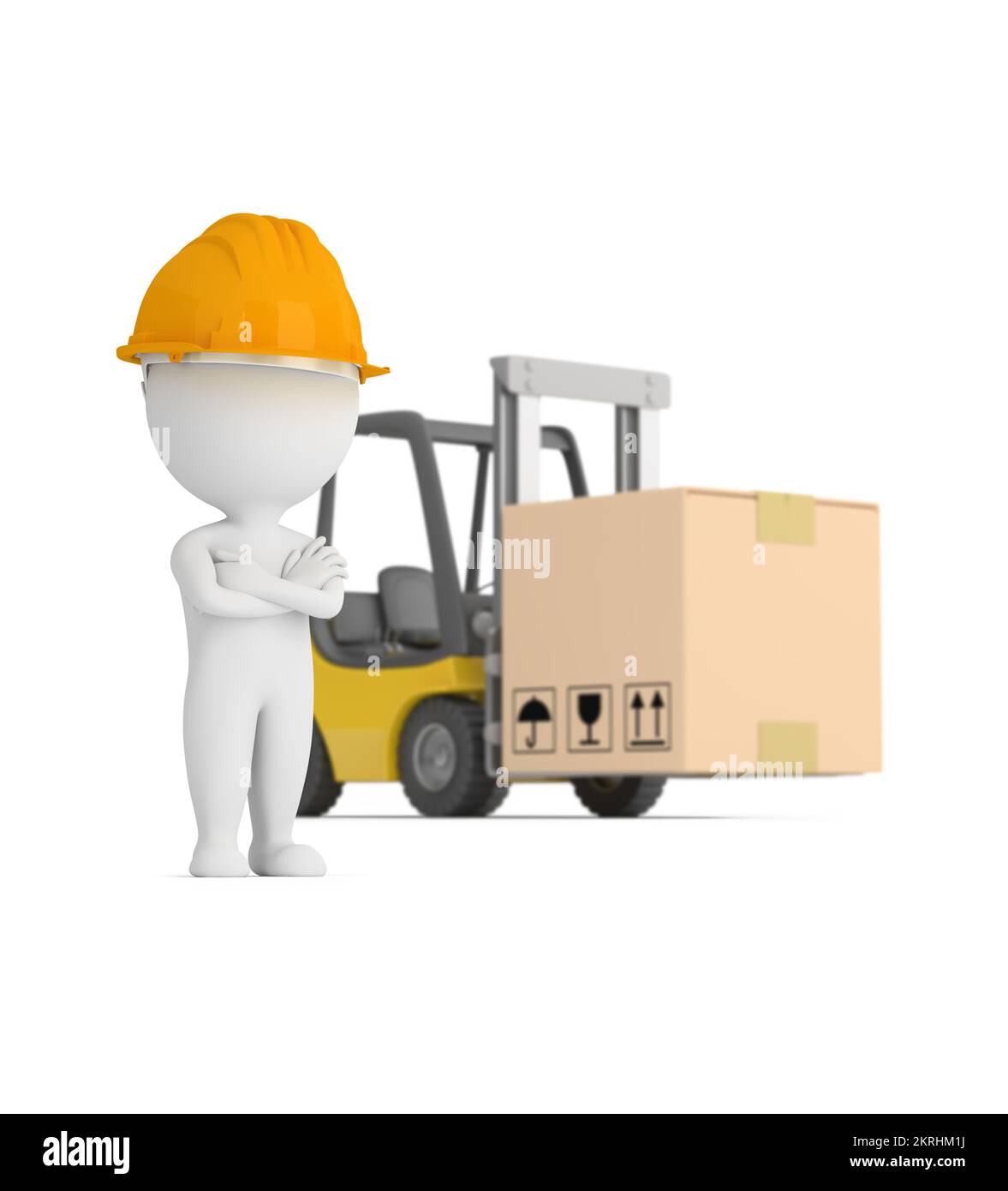 3d piccolo lavoratore sullo sfondo di un carrello elevatore. Profondità di campo. immagine 3d. Sfondo bianco. Foto Stock