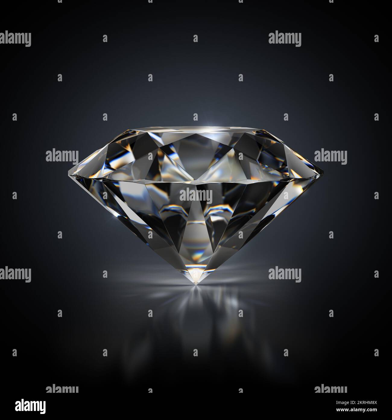 immagine 3d. Diamante su sfondo nero riflettente. Foto Stock
