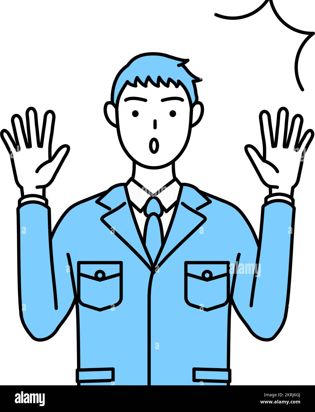 Semplice disegno lineare di un uomo in abiti da lavoro che alza la mano di sorpresa. Illustrazione Vettoriale