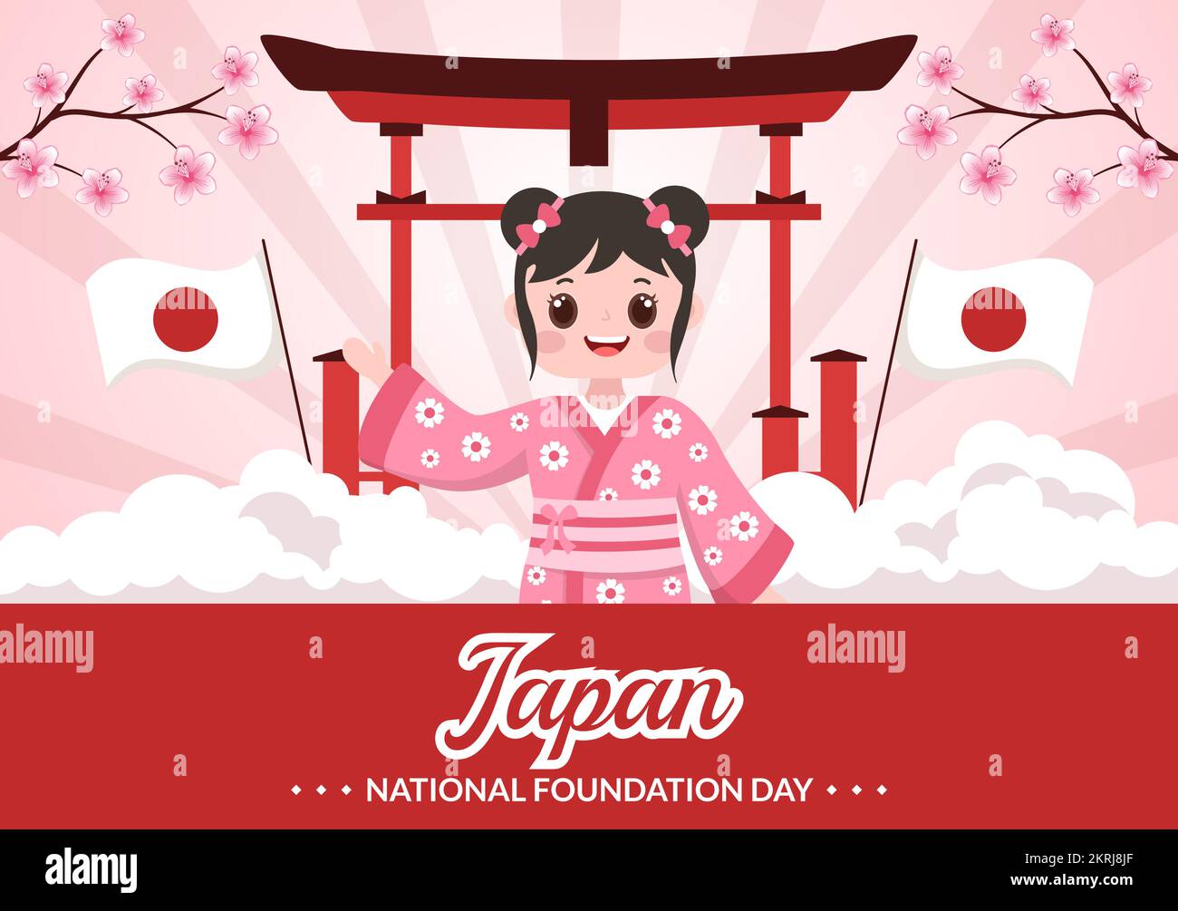 Happy Japan National Foundation Day il 11 febbraio con famosi monumenti giapponesi e Flag in stile piatto Cartoon modelli disegnati a mano Illustrazione Illustrazione Vettoriale