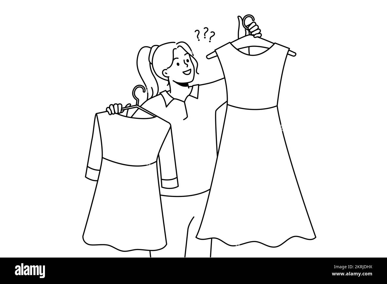 Donna sorridente che tiene abiti su appendiabiti scegliendo l'abbigliamento in negozio o centro commerciale. Ragazza felice con i vestiti che comprano la nuova collezione in deposito. Moda e stile. Illustrazione vettoriale. Illustrazione Vettoriale