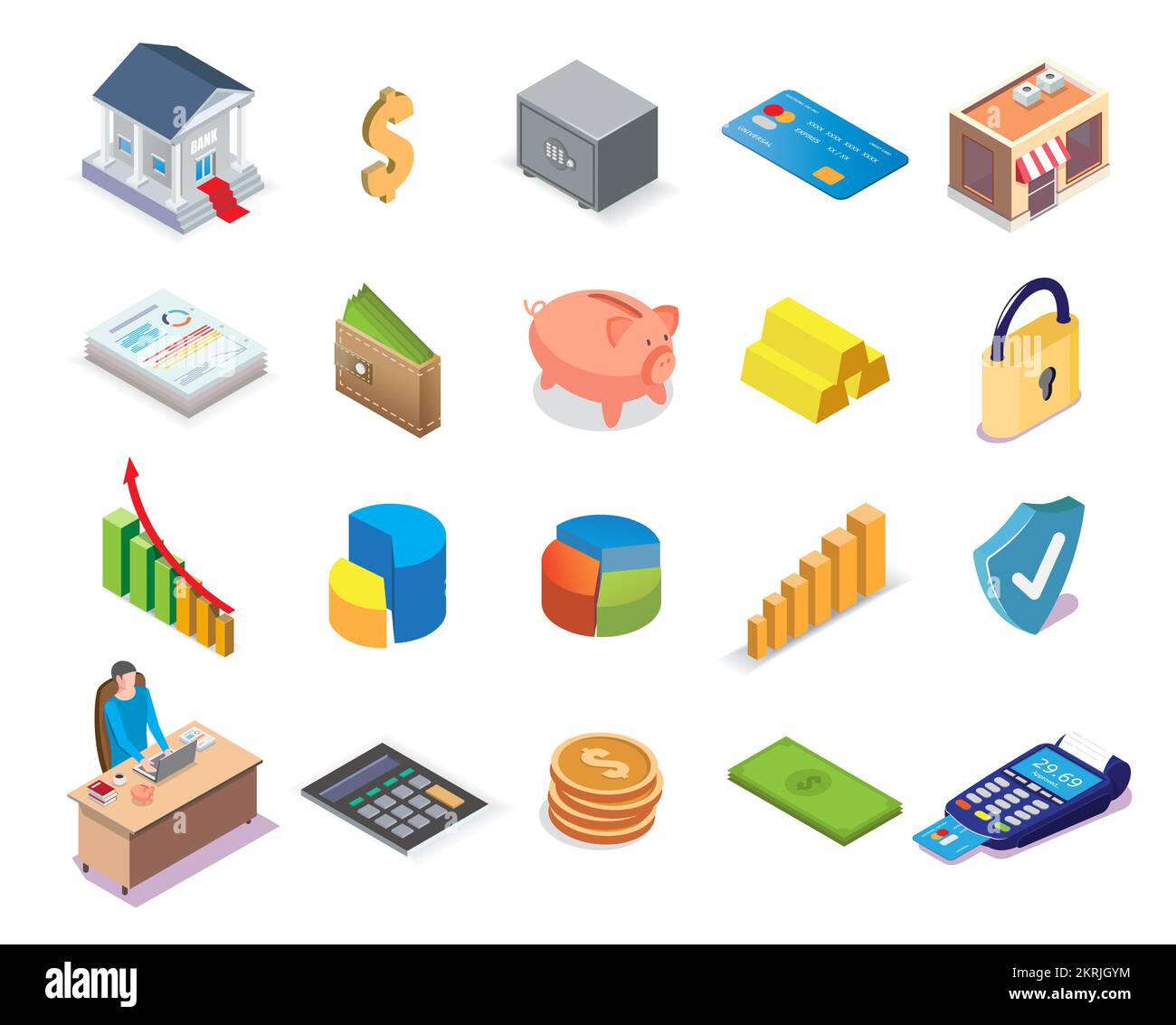 Set di icone bancarie e finanziarie, illustrazione vettoriale isometrica Illustrazione Vettoriale