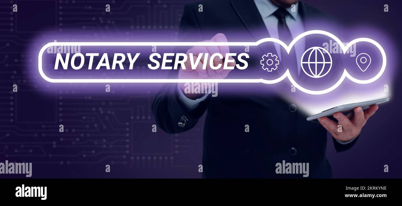 Segno di testo che mostra Notary Services, servizi Internet Concept resi da un notaio pubblico commissionato dallo Stato Foto Stock