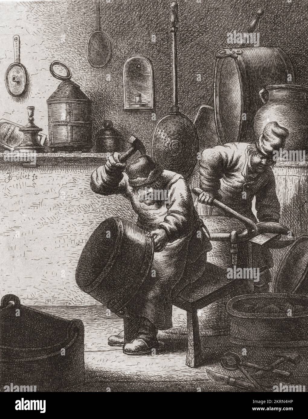 Coppersmiths al lavoro nel 17th ° secolo. Dopo una stampa di Jan Gillisz van Vliet. Foto Stock