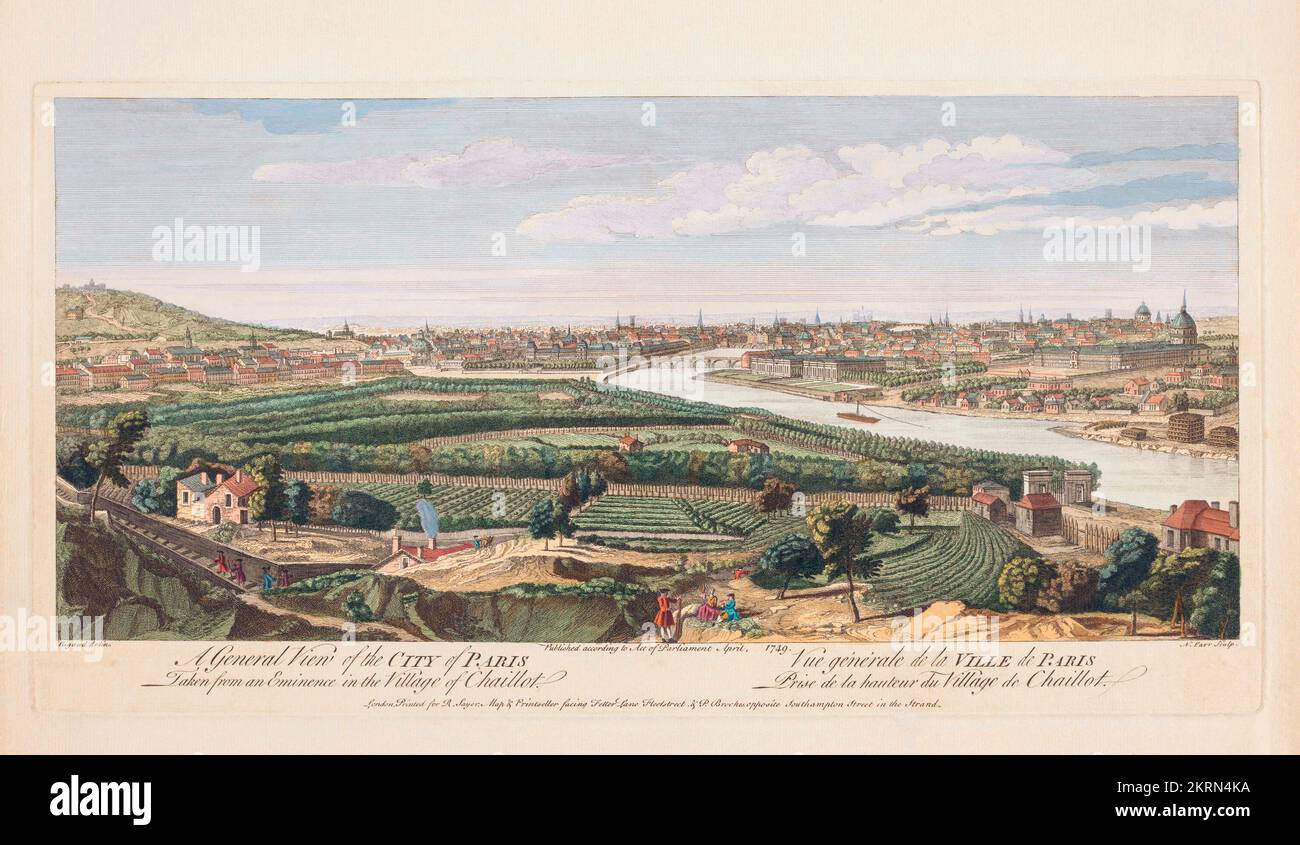 Vista generale della città di Parigi presa da un'eminenza nel villaggio di Chaillot, 1749. Dopo una stampa di Nathaniel Parr Foto Stock