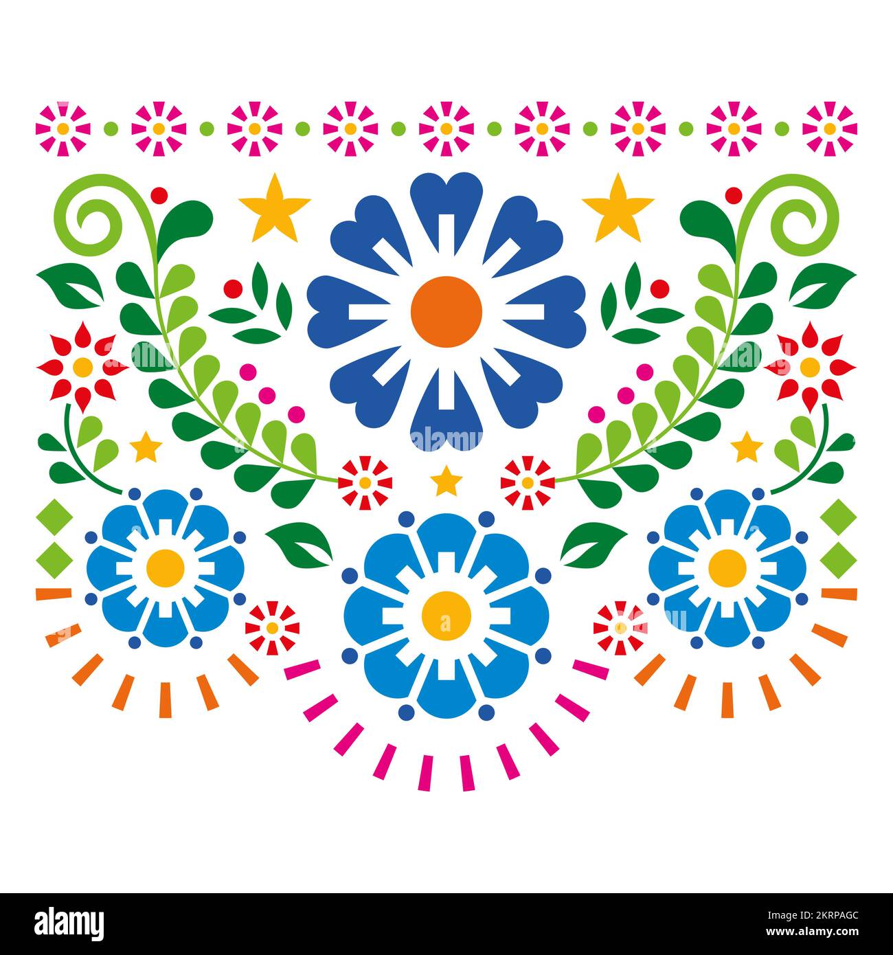Arte popolare messicana stile disegno vettoriale con fiori e foglie, motivo vibrante perfetto per biglietto di auguri o invito di nozze disegno Illustrazione Vettoriale