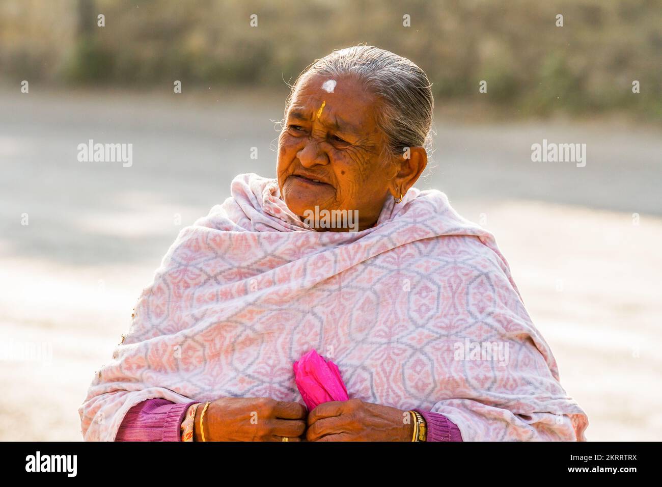 Vecchia donna in abito tradizionale per strada a Pokhara, Nepal Foto Stock