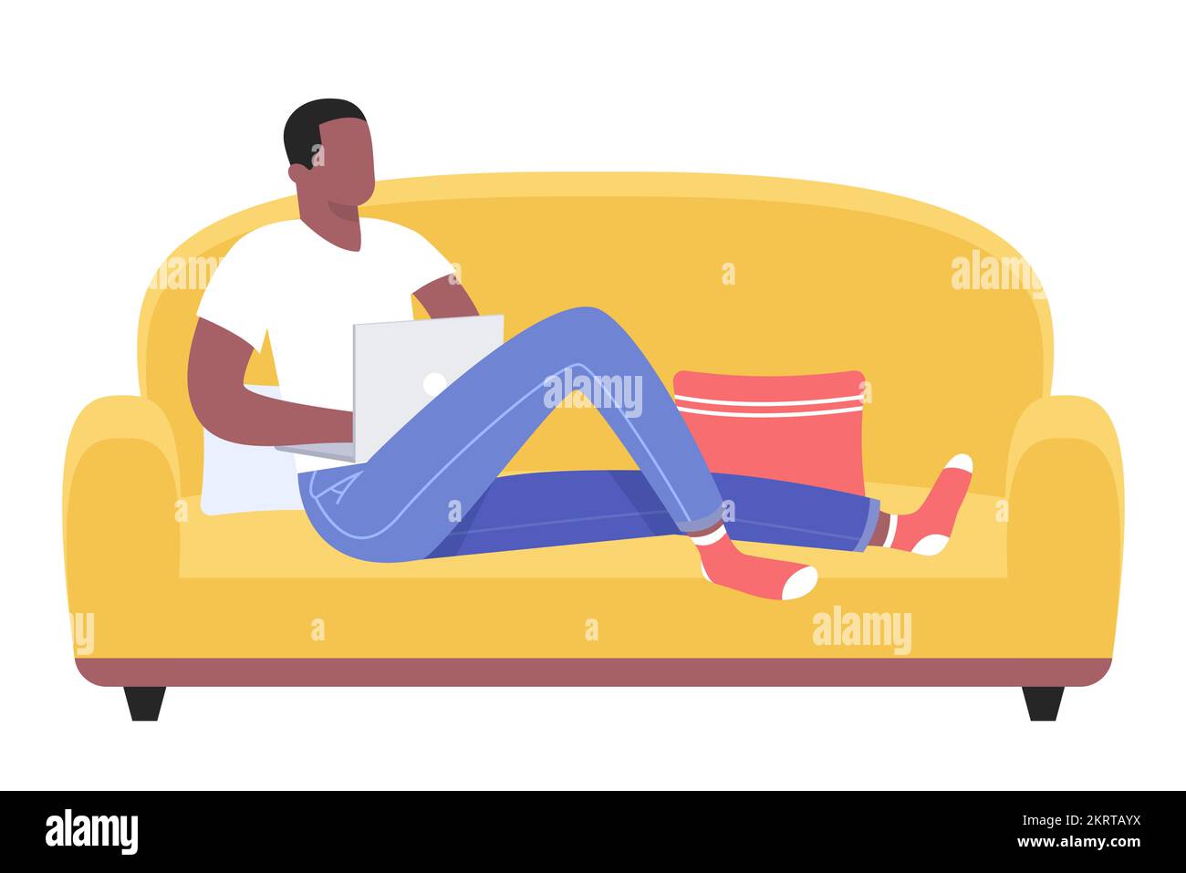 Freelance, concetto di formazione online. Giovane uomo nero afro-americano che riposa con il laptop sul divano di casa Illustrazione Vettoriale