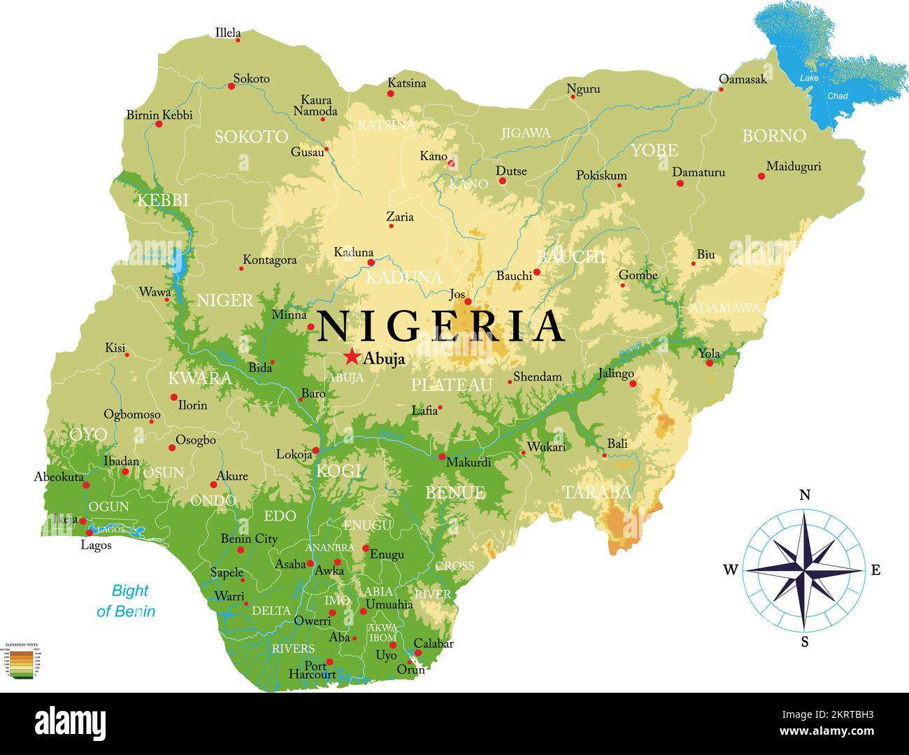 Mappa fisica altamente dettagliata della Nigeria in formato vettoriale, con tutte le forme di rilievo, regioni e grandi città. Illustrazione Vettoriale