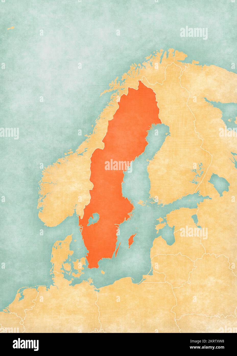 Svezia sulla mappa della Scandinavia in morbido grunge e stile vintage, come carta vecchia con pittura ad acquerello. Foto Stock