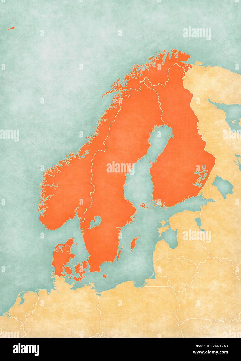 Norvegia, Svezia, Finlandia e Danimarca sulla mappa della Scandinavia in morbido grunge e stile vintage, come carta vecchia con pittura ad acquerello. Foto Stock