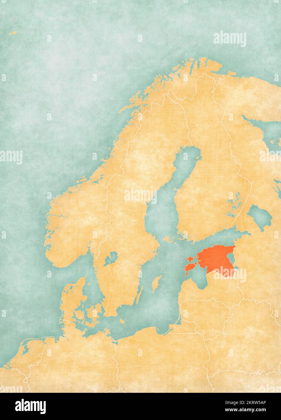 Estonia sulla mappa della Scandinavia in morbido grunge e stile vintage, come carta vecchia con pittura ad acquerello. Foto Stock