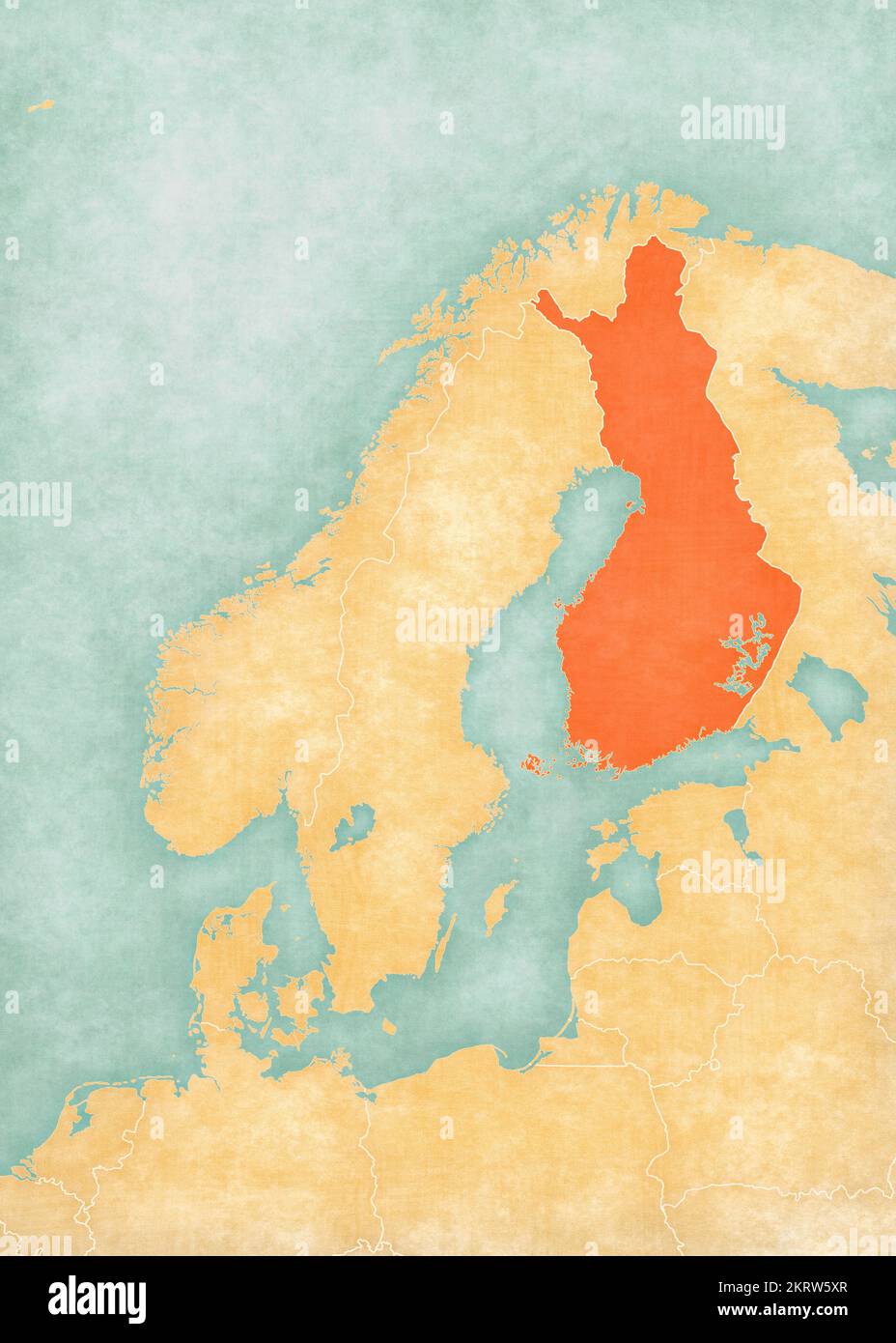 Finlandia sulla mappa della Scandinavia in morbido grunge e stile vintage, come carta vecchia con pittura ad acquerello. Foto Stock