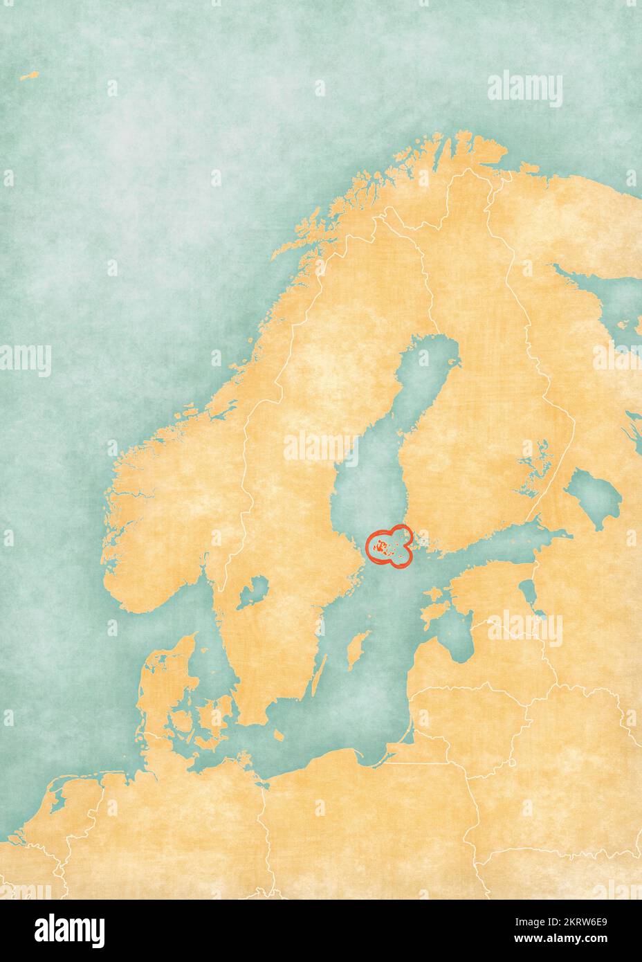 Isole Aland sulla mappa della Scandinavia in morbido grunge e stile vintage, come carta vecchia con pittura ad acquerello. Foto Stock