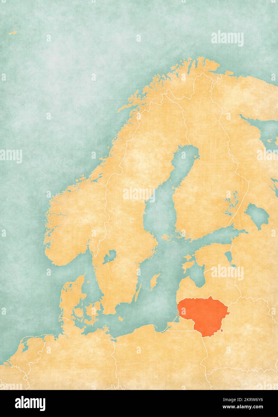 Lituania sulla mappa della Scandinavia in morbido grunge e stile vintage, come carta vecchia con pittura ad acquerello. Foto Stock