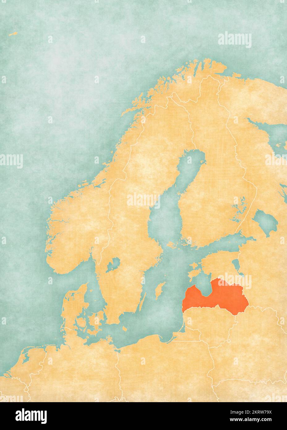 Lettonia sulla mappa della Scandinavia in morbido grunge e stile vintage, come carta vecchia con pittura ad acquerello. Foto Stock