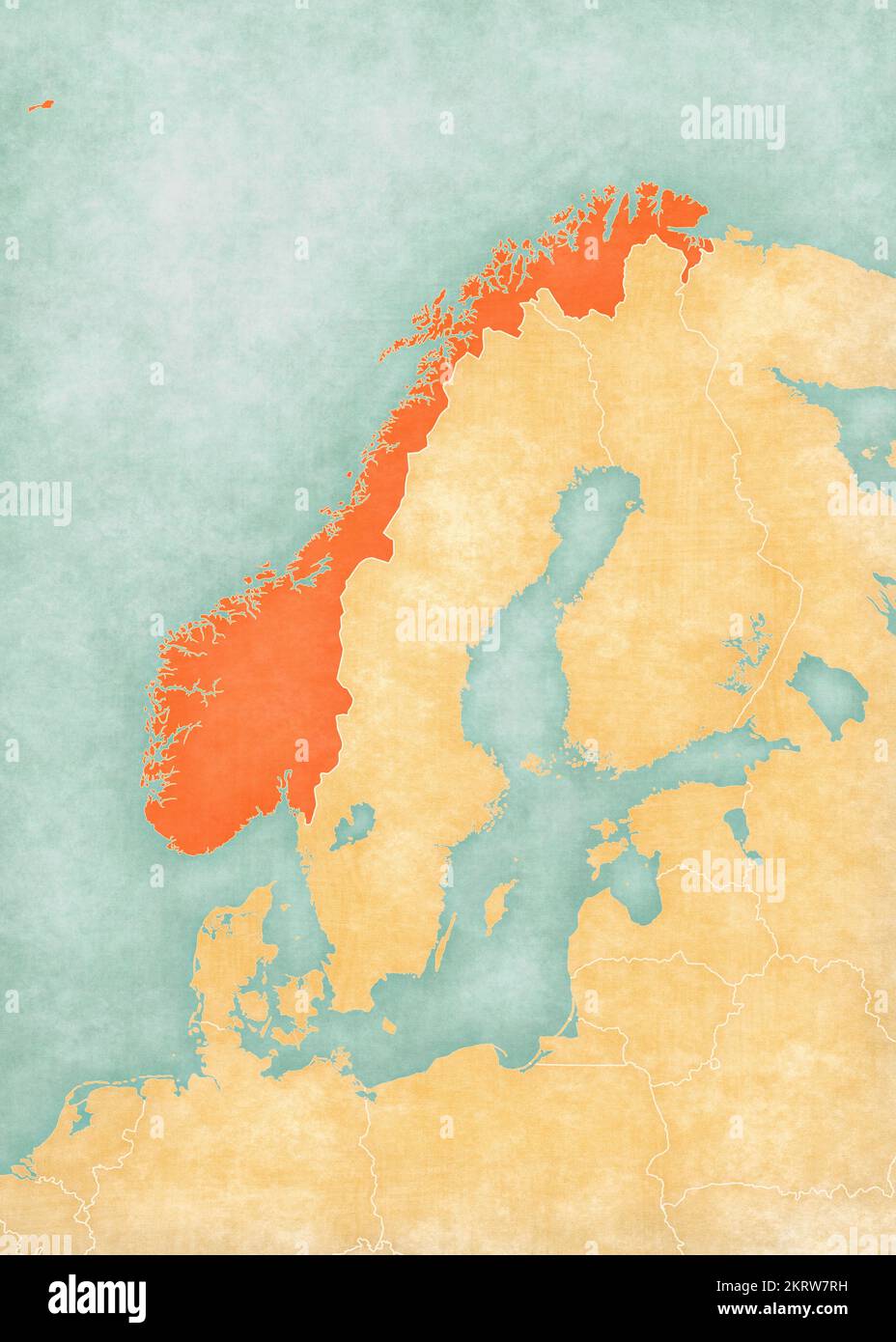 Norvegia sulla mappa della Scandinavia in morbido grunge e stile vintage, come carta vecchia con pittura ad acquerello. Foto Stock