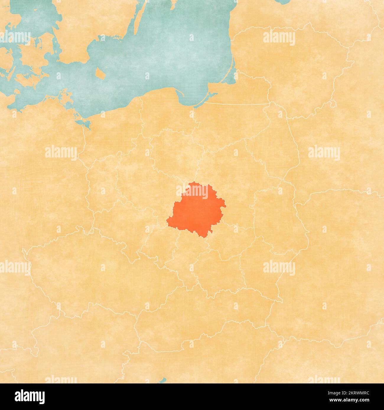 Lodz sulla mappa della Polonia in morbido grunge e stile vintage, come carta vecchia con pittura ad acquerello. Foto Stock