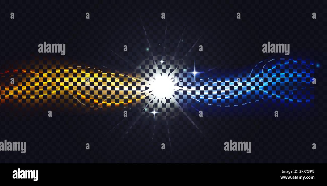 Magiche forme curve luminose ondulate che collegano e illuminano linee di energia illuminanti e vorticose su sfondo nero trasparente. Astratto forme d'onda di colore giallo blu brillante si collegano e illustrazione del vettore di flusso. Illustrazione Vettoriale