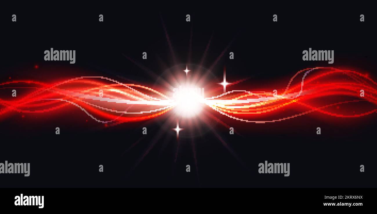 Forme d'onda astratte di colore rosso brillante si collegano e l'illustrazione del vettore di flusso. Magiche forme curve luminose ondulate che collegano e illuminano linee di energia a vortice su sfondo nero Illustrazione Vettoriale