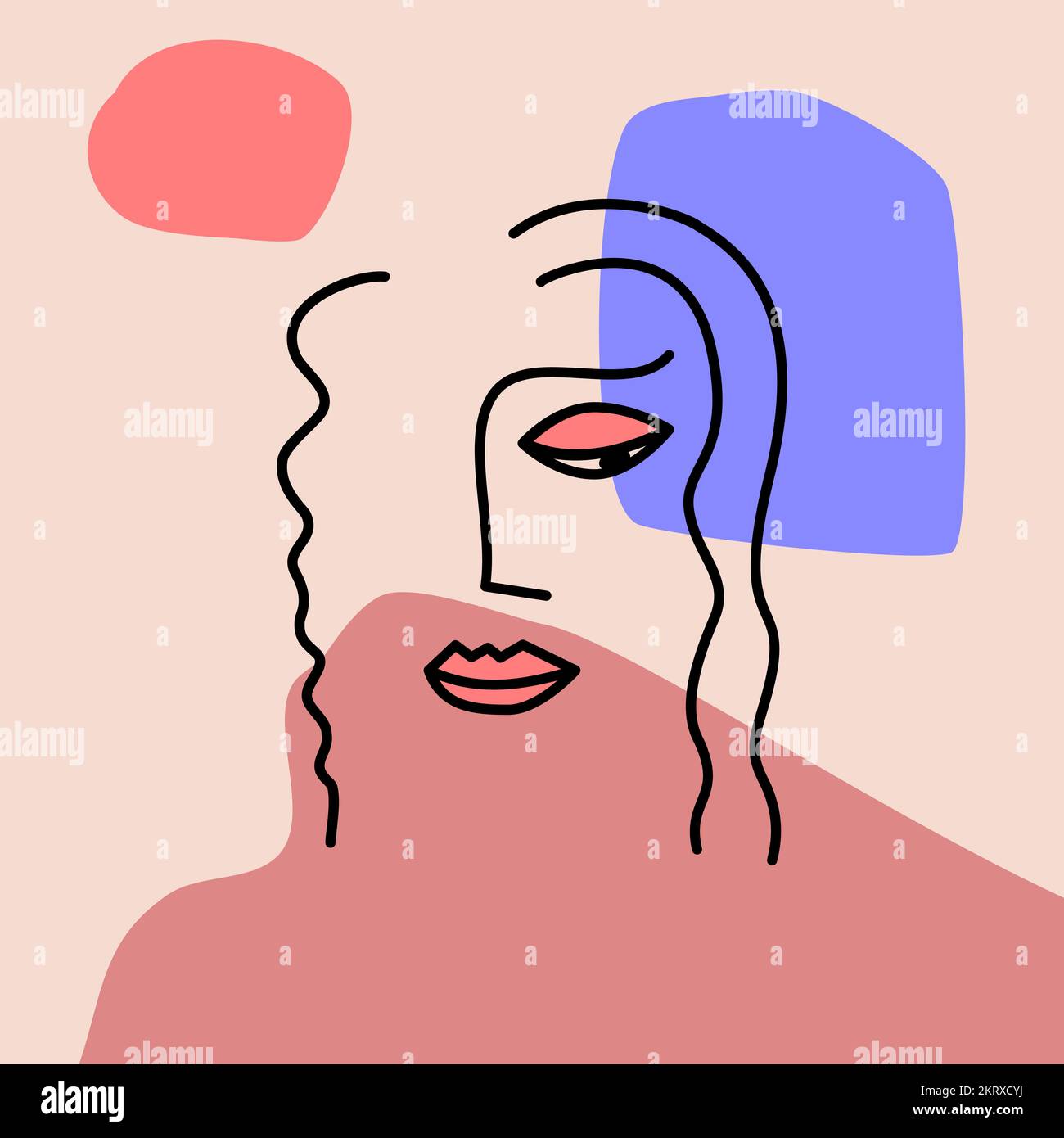 Donna di mezza età linea viso art. Donna ritratto stile cubismo disegnato a mano. Elementi geometrici colorati. Una linea art Illustrazione vettoriale, piatta. Illustrazione Vettoriale