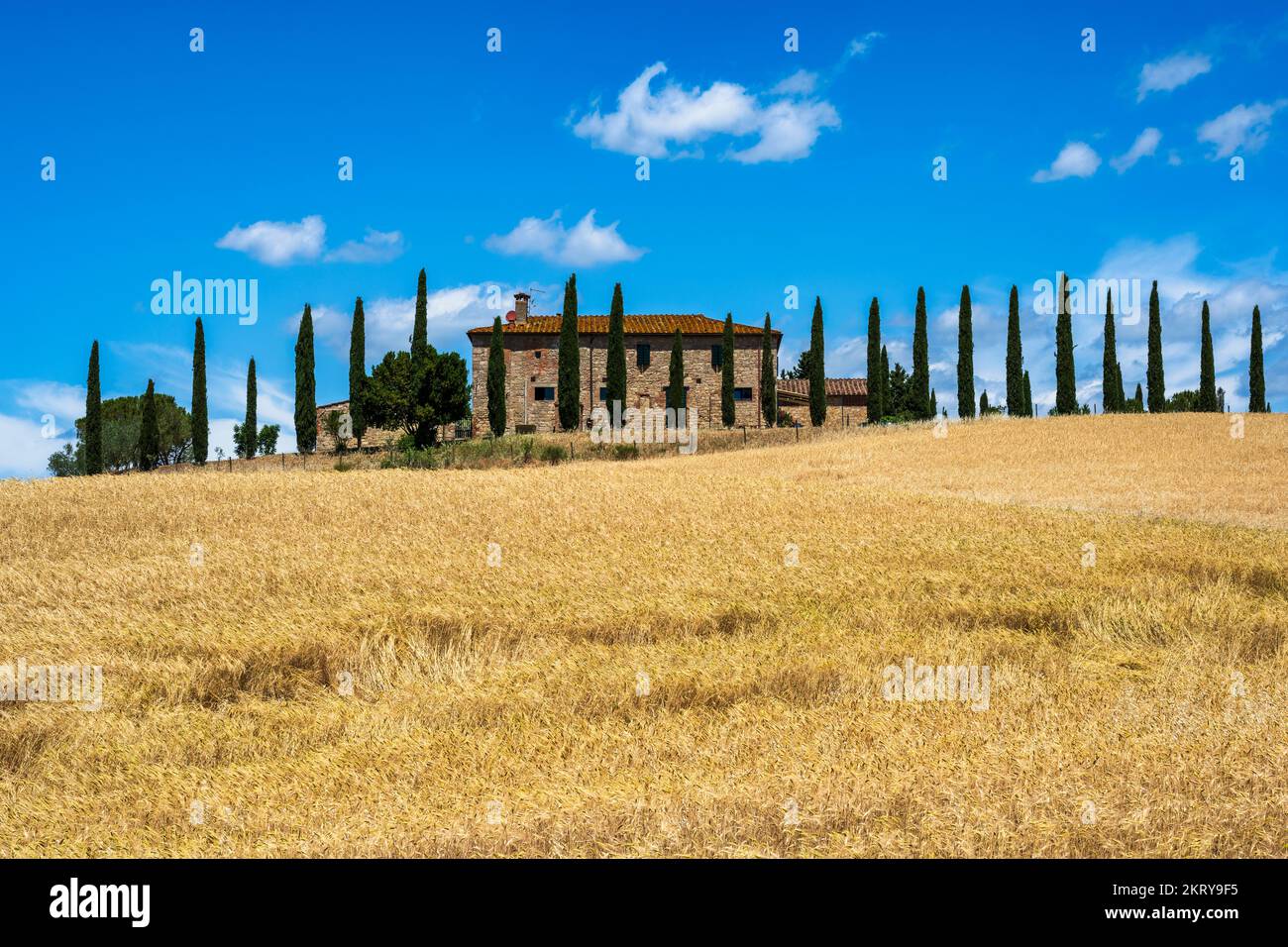 Casa colonica in pietra toscana con cipressi nelle Crete Senesi vicino alla città di Asciano, in provincia di Siena, Toscana, Italia Foto Stock