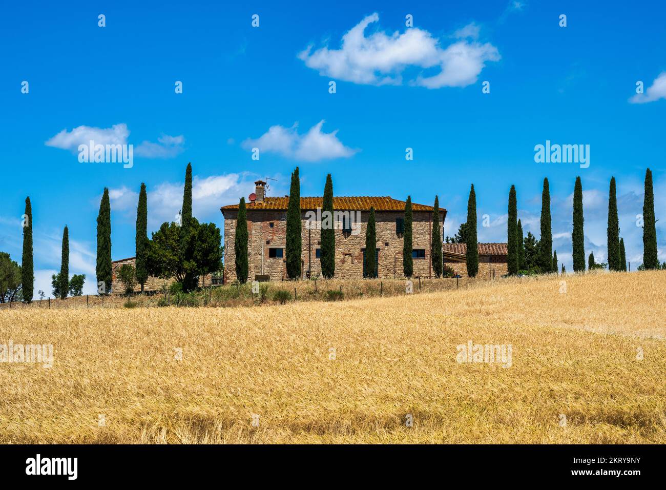 Casa colonica in pietra toscana con cipressi nelle Crete Senesi vicino alla città di Asciano, in provincia di Siena, Toscana, Italia Foto Stock