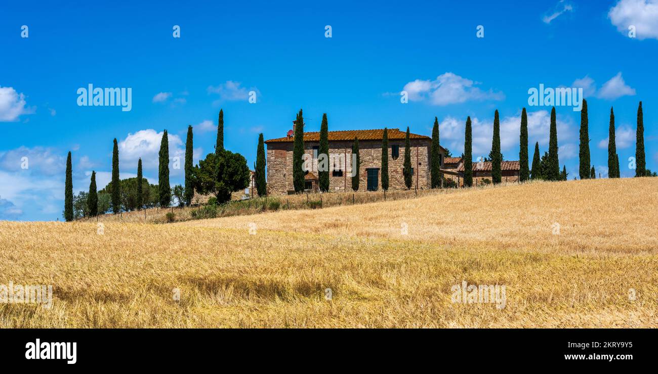 Vista panoramica sul casale in pietra toscano con cipressi nelle Crete Senesi vicino alla città di Asciano, in provincia di Siena, Toscana, Italia Foto Stock
