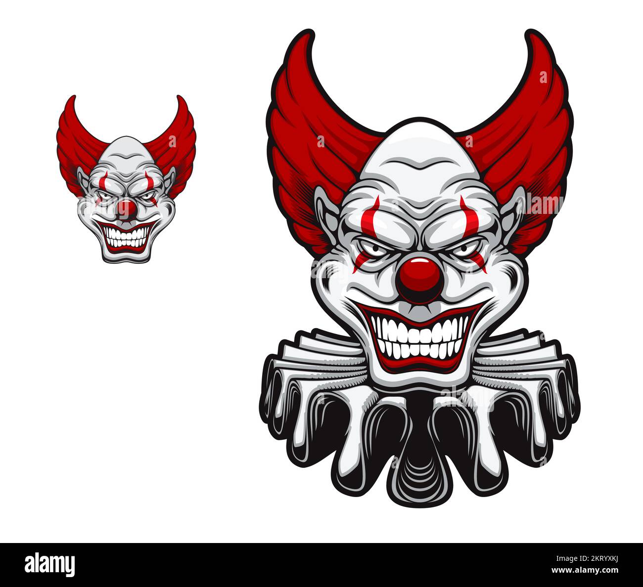 Mascotte di clown arrabbiato del circo. Tatuaggio spaventoso carattere halloween clown. Impazzito sorridente jester o comedian personaggio cartone animato vettore, isolato pagliaccio spooky con parrucca rossa, collare e trucco viso Illustrazione Vettoriale