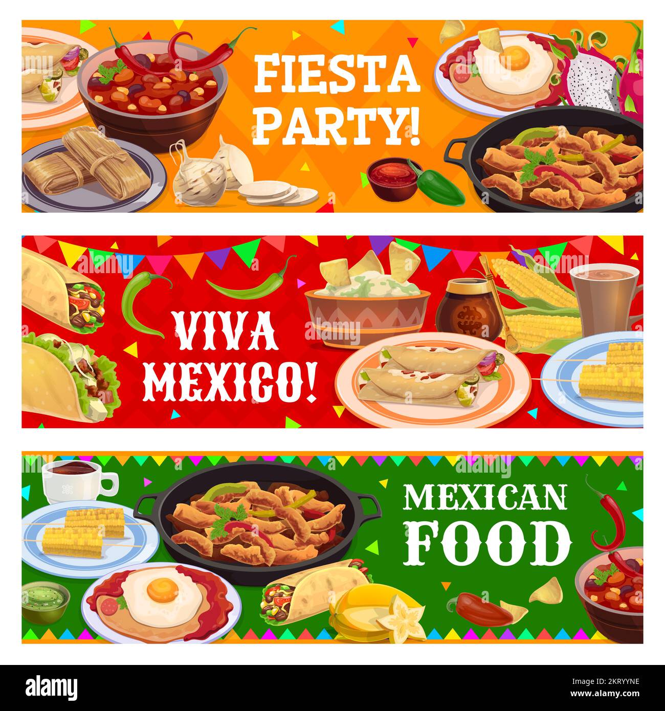 Cucina messicana pasti, bevande, frutta e snack. Festa di festa e Messico cibo festival, Tex Mex pasti vettore banner con mais, tacos e burrito, guacamole, nachos, jalapeno, enchiladas e stufato di fagioli Illustrazione Vettoriale