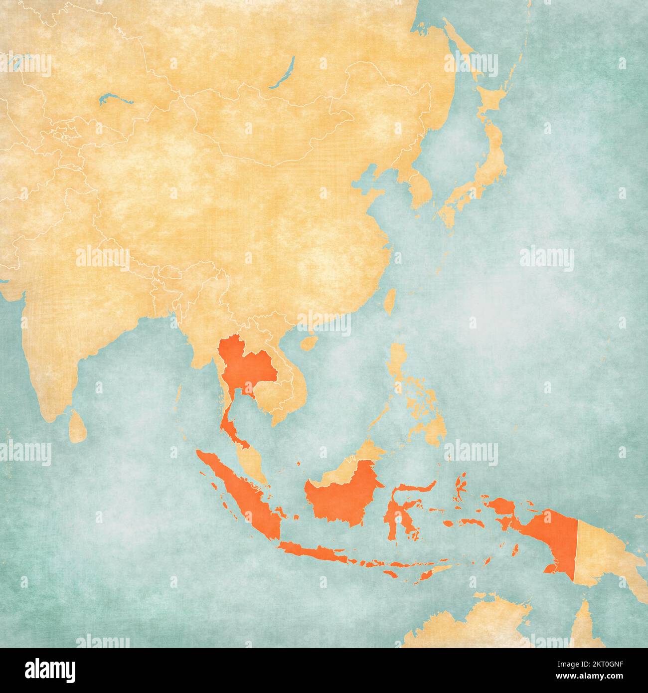 Indonesia e Thailandia sulla mappa dell'Asia orientale e sudorientale in morbido grunge e stile vintage, come carta vecchia con pittura ad acquerello. Foto Stock