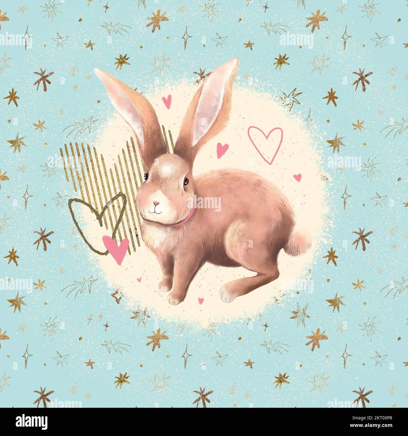 Composizione con simpatica illustrazione di coniglio, cuori e stelle Foto Stock