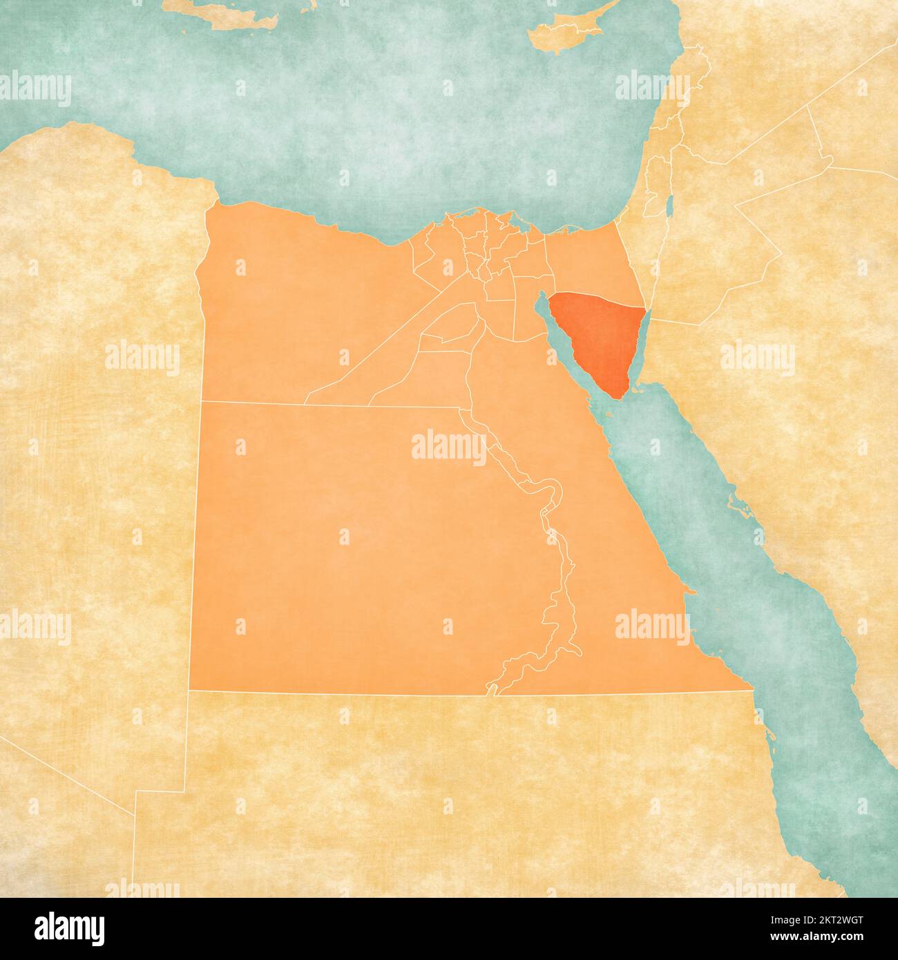 Sinai del Sud sulla mappa dell'Egitto in morbido grunge e stile vintage, come carta vecchia con pittura acquerello. Foto Stock