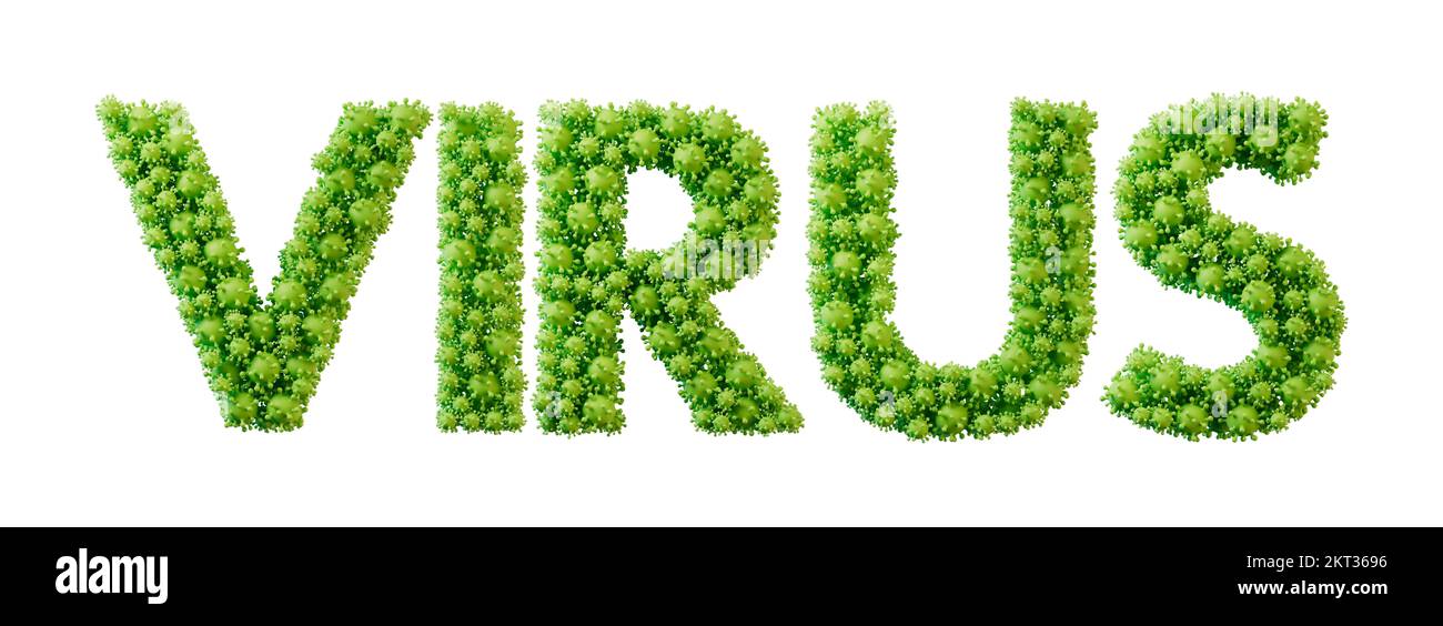 Parola del virus fatta da font della molecola della cellula dei batteri verdi. Salute e benessere. Rendering 3D Foto Stock
