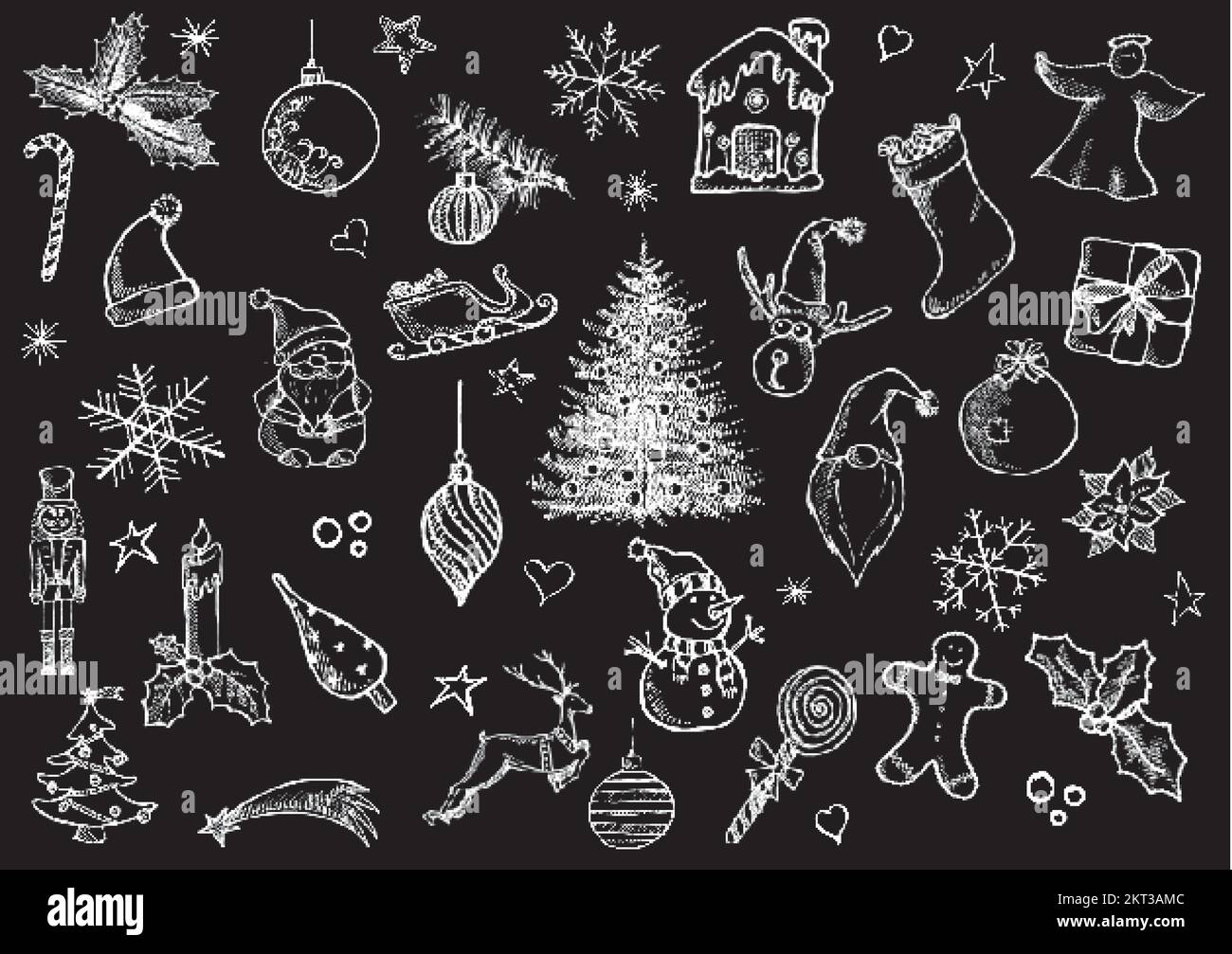 Set di icone di Natale su sfondo nero disegnato a mano libera Illustrazione Vettoriale