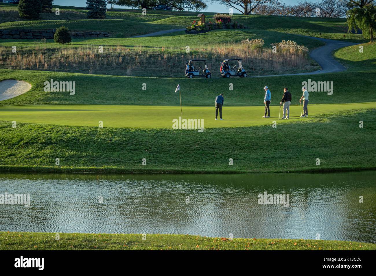 Foursome mettere su campo da golf a 18th buche, Pennsylvania, Stati Uniti Foto Stock