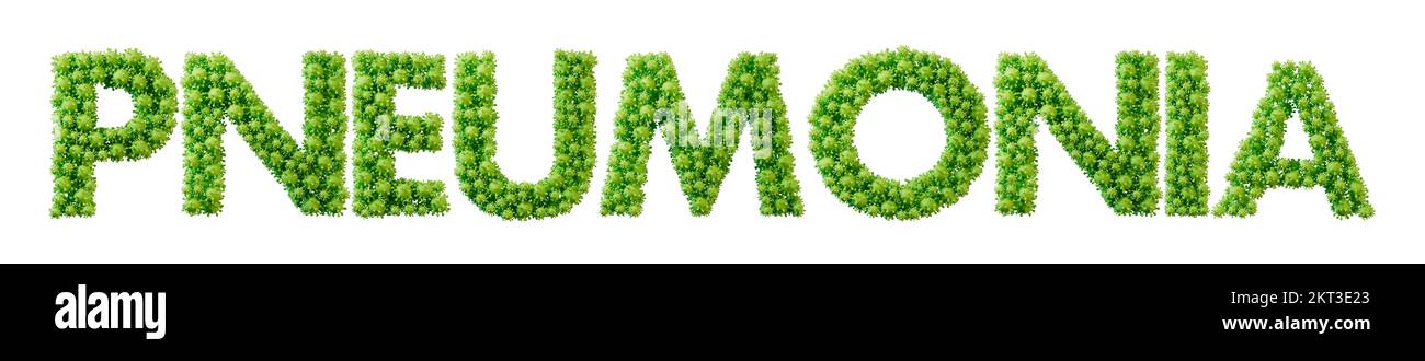 Polmonite parola fatta da batteri verde molecola font. Salute e benessere. Rendering 3D Foto Stock