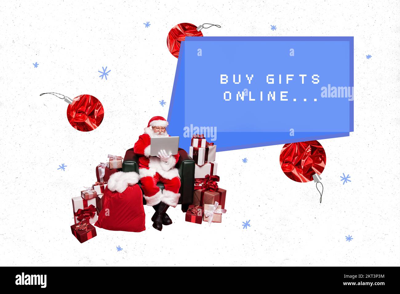 Collage immagine di mini babbo natale utilizzare netbook acquistare regali di newyear online pila giftbox albero giocattoli isolati su sfondo festivo Foto Stock