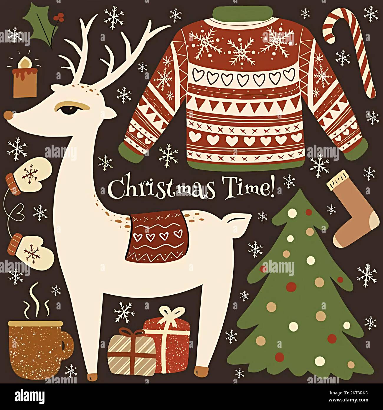 Buon Natale, illustrazione di un cucciolo di renna, vestiti e un albero di Natale Foto Stock