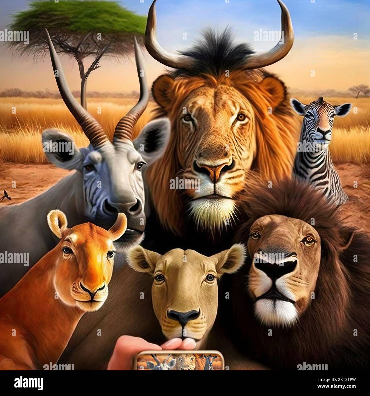 Selfie di animali selvatici africani safari con alberi nella savana in un parco faunistico in Africa. Leoni, zebra, antilope, springbok e bufalo dietro Foto Stock