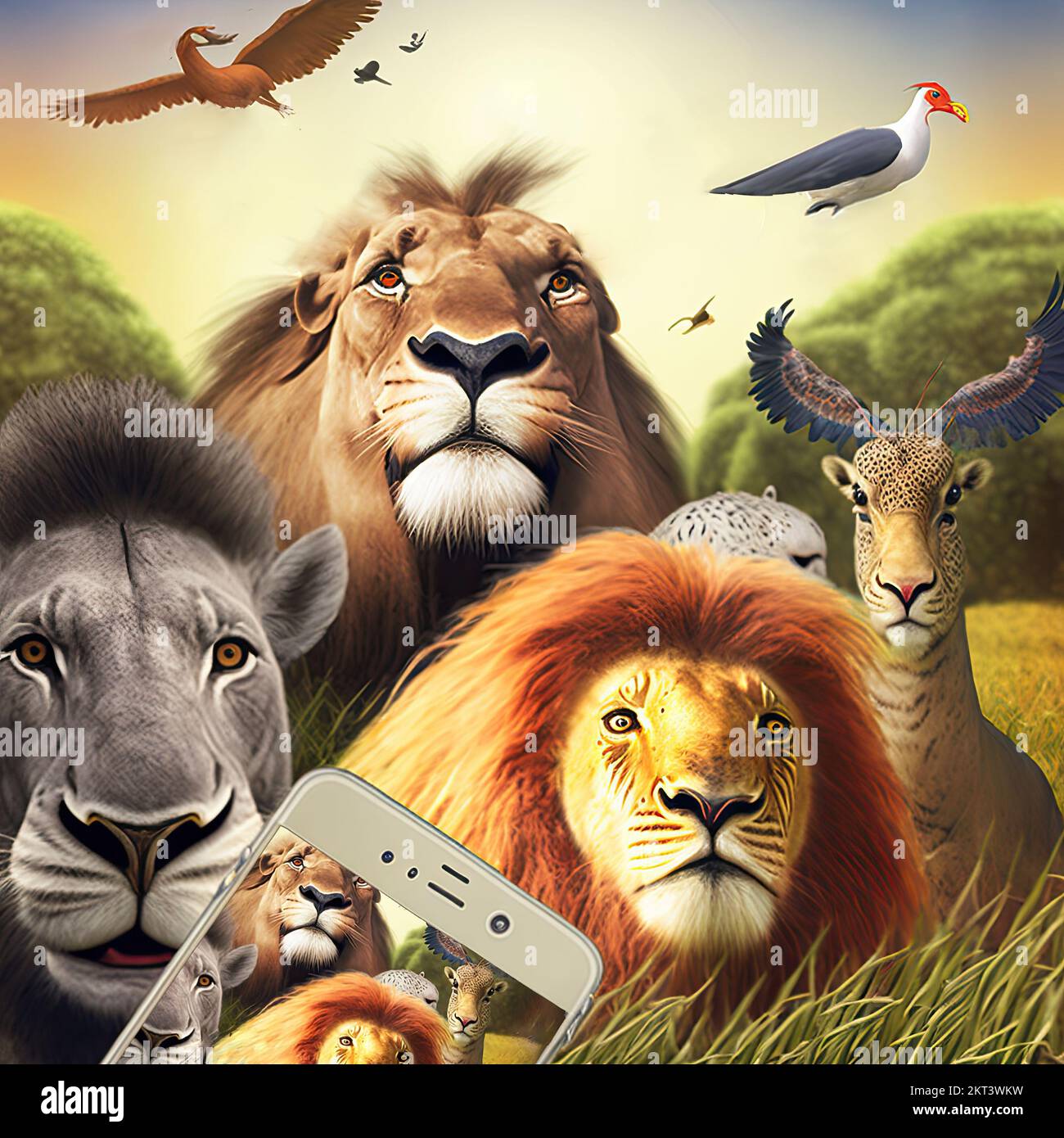 Selfie di animali selvatici africani safari con alberi nella savana in un parco faunistico in Africa. Leoni, ghepardi e uccelli. Foto Stock