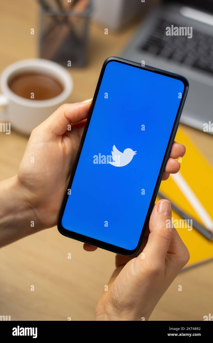 Kiev, Ucraina - 15th ottobre 2022: Logo Twitter sullo schermo di uno smartphone nelle mani di una donna. Concetto di reti sociali. Foto Stock