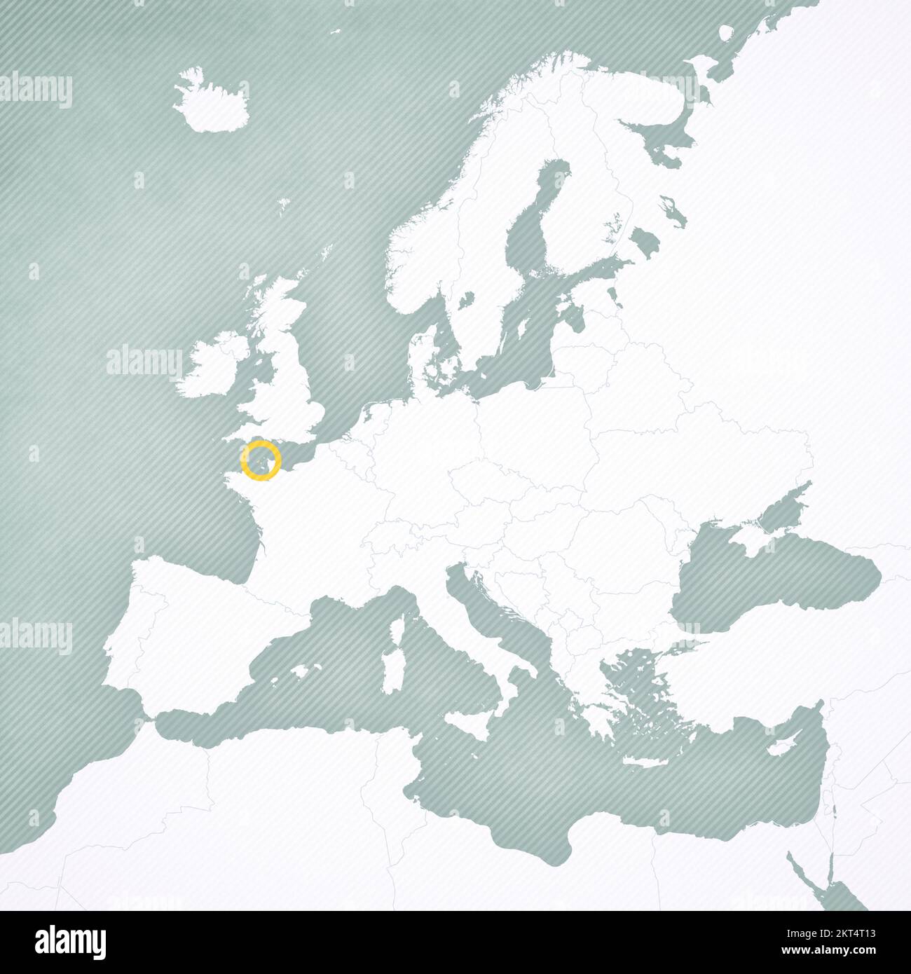 Guernsey sulla mappa d'Europa con sfondo vintage a righe morbide. Foto Stock