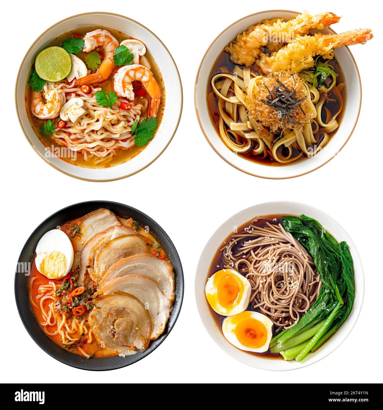 Collezione di ciotole di ramen di noodle giapponesi, vista dall'alto del cibo asiatico insieme isolato Foto Stock