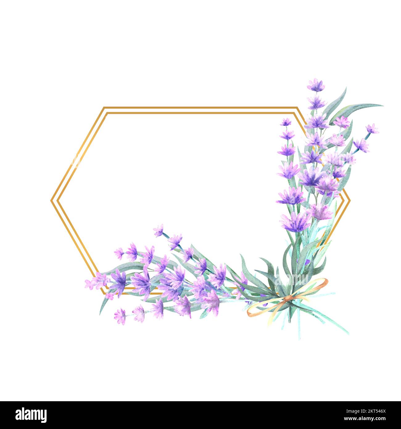 Fiori di lavanda in una cornice poligonale d'oro. Illustrazione di acquerello disegnata a mano. Per inviti, biglietti d'auguri, stampe, poster, pubblicità. Foto Stock